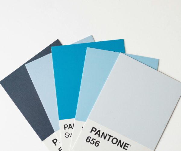 A collection of blue Pantone color swatches arranged on a white background for design inspiration.